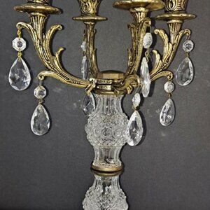 VTG CANDELABRA 4 ~ GILT BRASS GLASS PEDESTAL & CRYSTAL PRISMS ~ REGENCY NOUVEAU